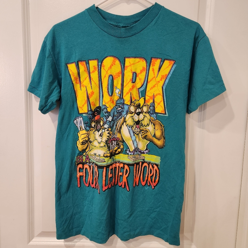 Vintage SSI Work Is A Four Letter Word 90s Single Stitch Graphic Print T-Shirt